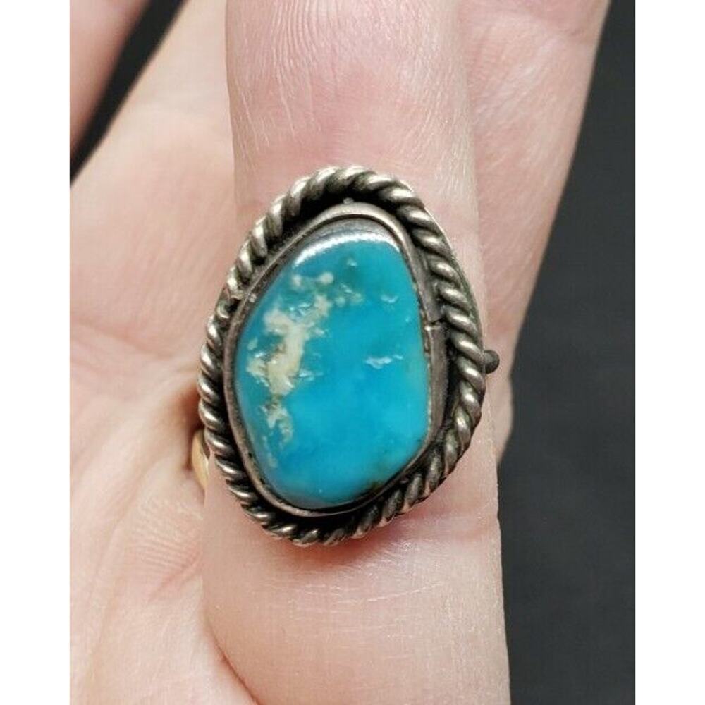 Vintage Southwest Sterling Silver Turquoise Ring Petite Sz 4.5 Rope Border